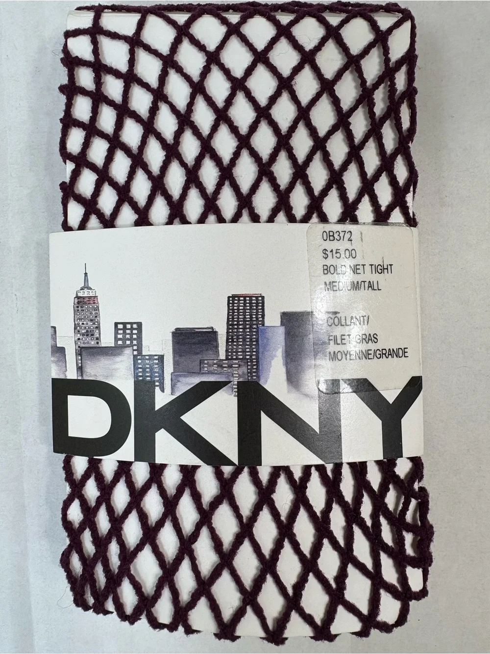 New DKNY OB372 Bold Net Fishnet Tights Size Medium / Tall Plum Eggplant CUTE